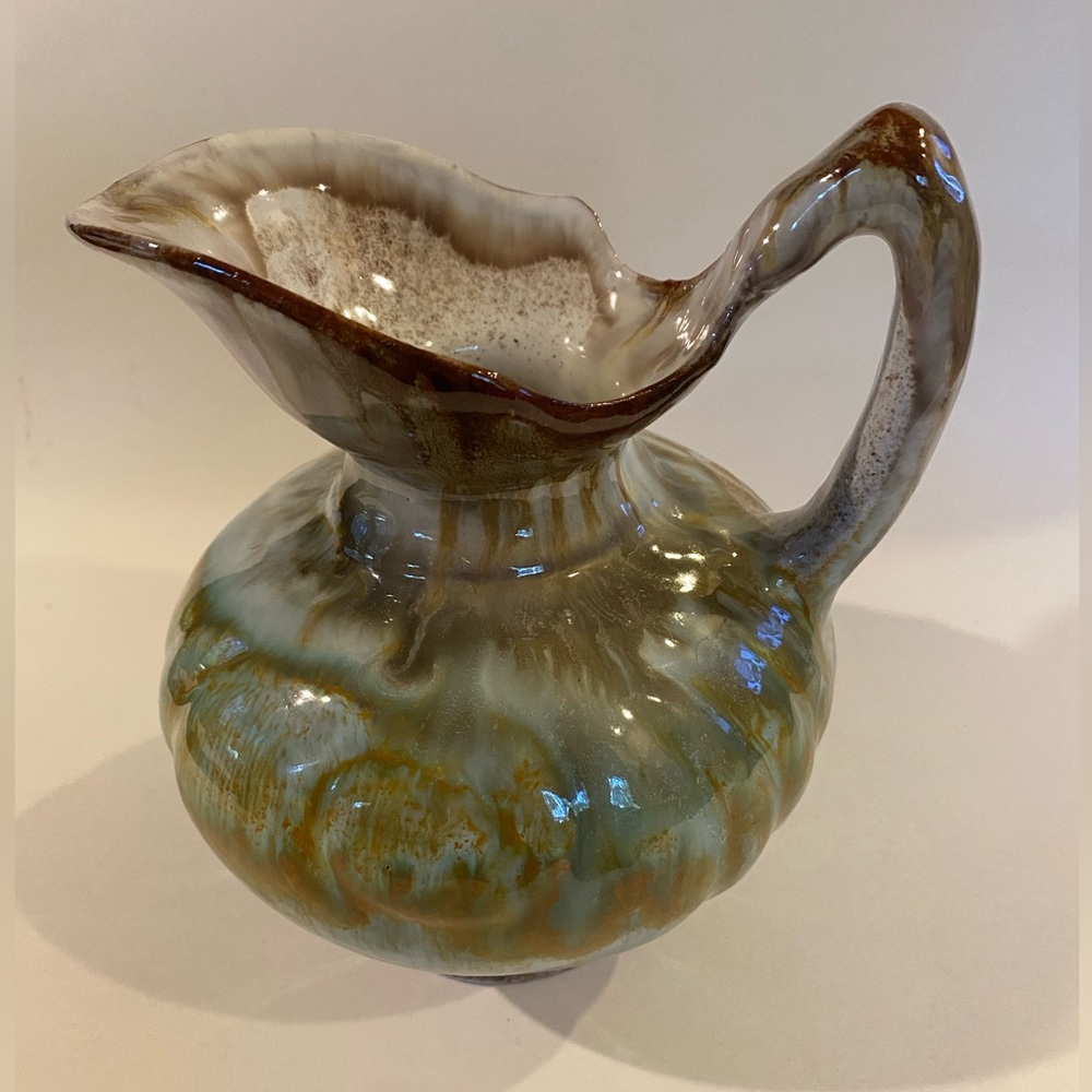 Vtg Studio Art Pottery Pitcher Drip Glaze Blue Green Brown Signed Jule 7x7 Boho